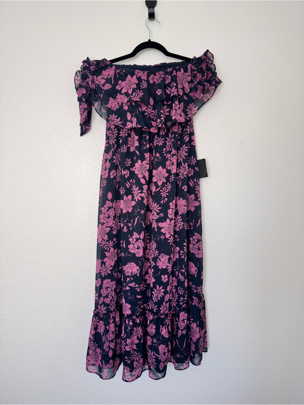 Lulu's Off the Shoulder Maxi Dress in Navy Blue with Pink Floral Print - Picture 2 of 7